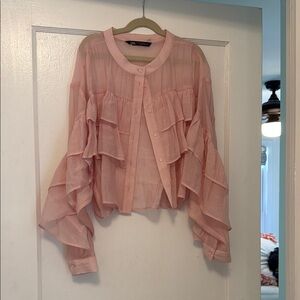 Zara Pink Ruffled Crop Blouse with Cuffed Sleeves